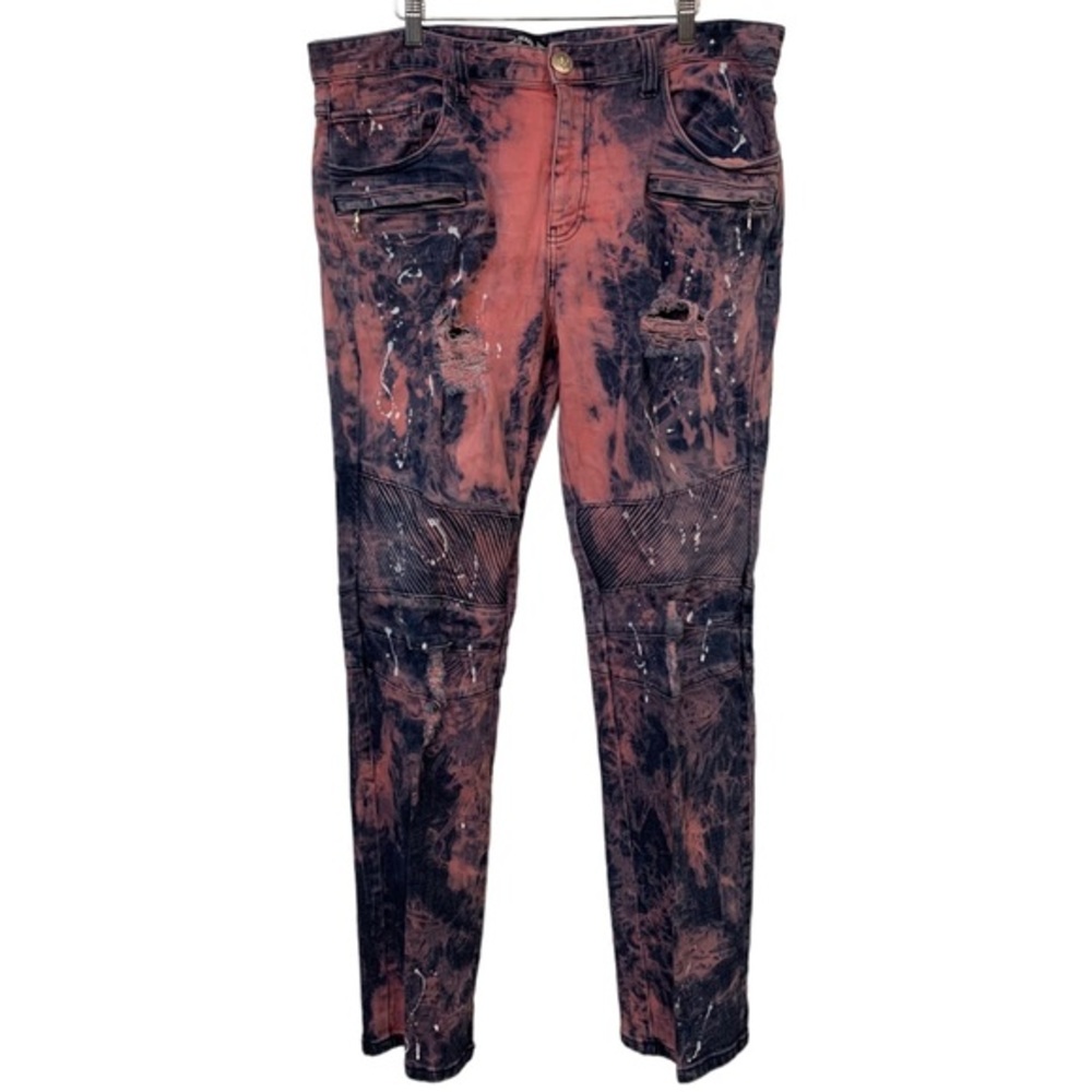 LAGUNA BEACH JEANS CO Distroyed Moto Jeans Blue Pink Paint Tie Dye Sz 40